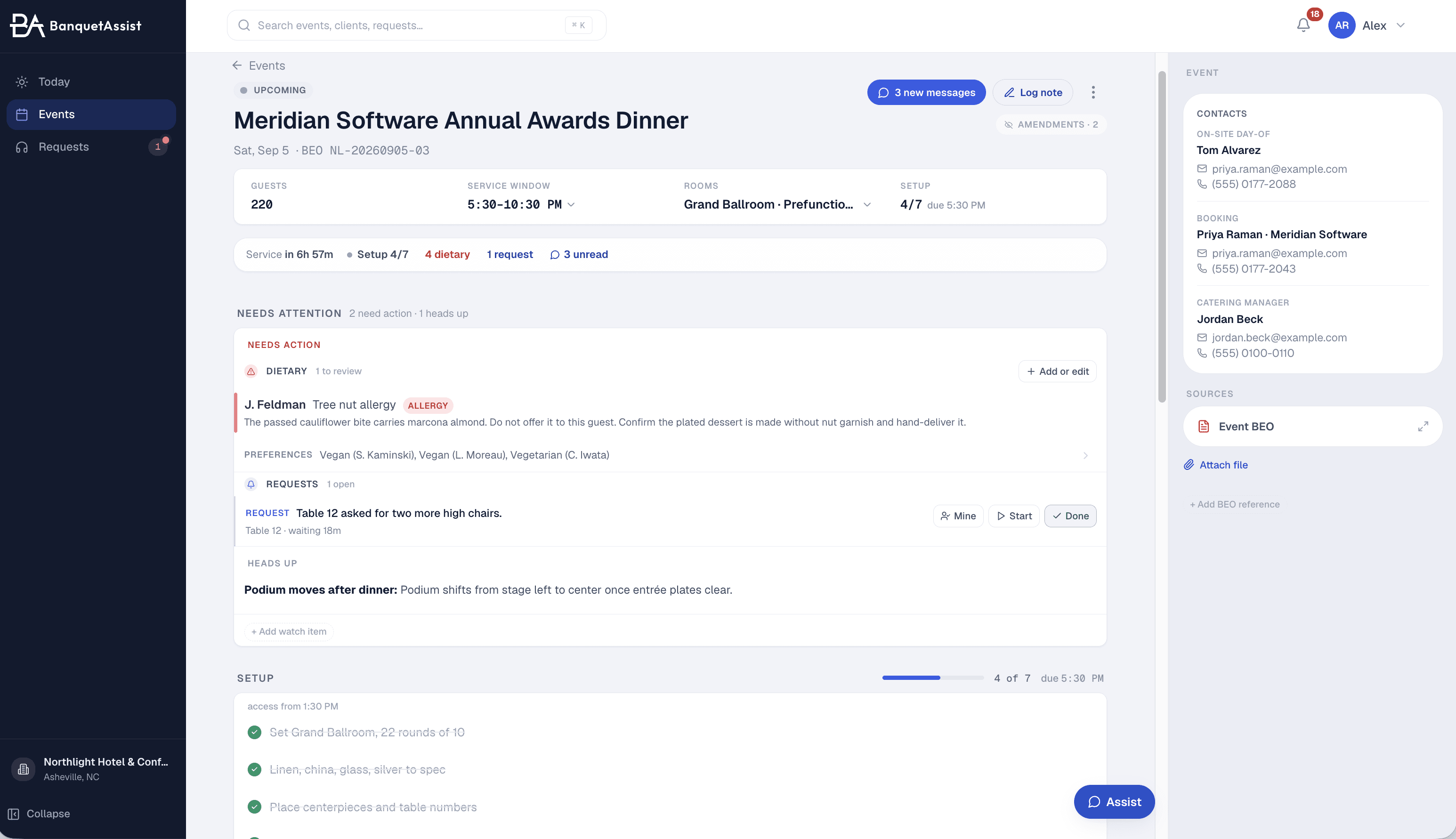 BanquetAssist desktop event page for the Meridian Software Annual Awards Dinner: 220 guests, setup 4 of 7 complete, a dietary alert, an open request, and event contacts.