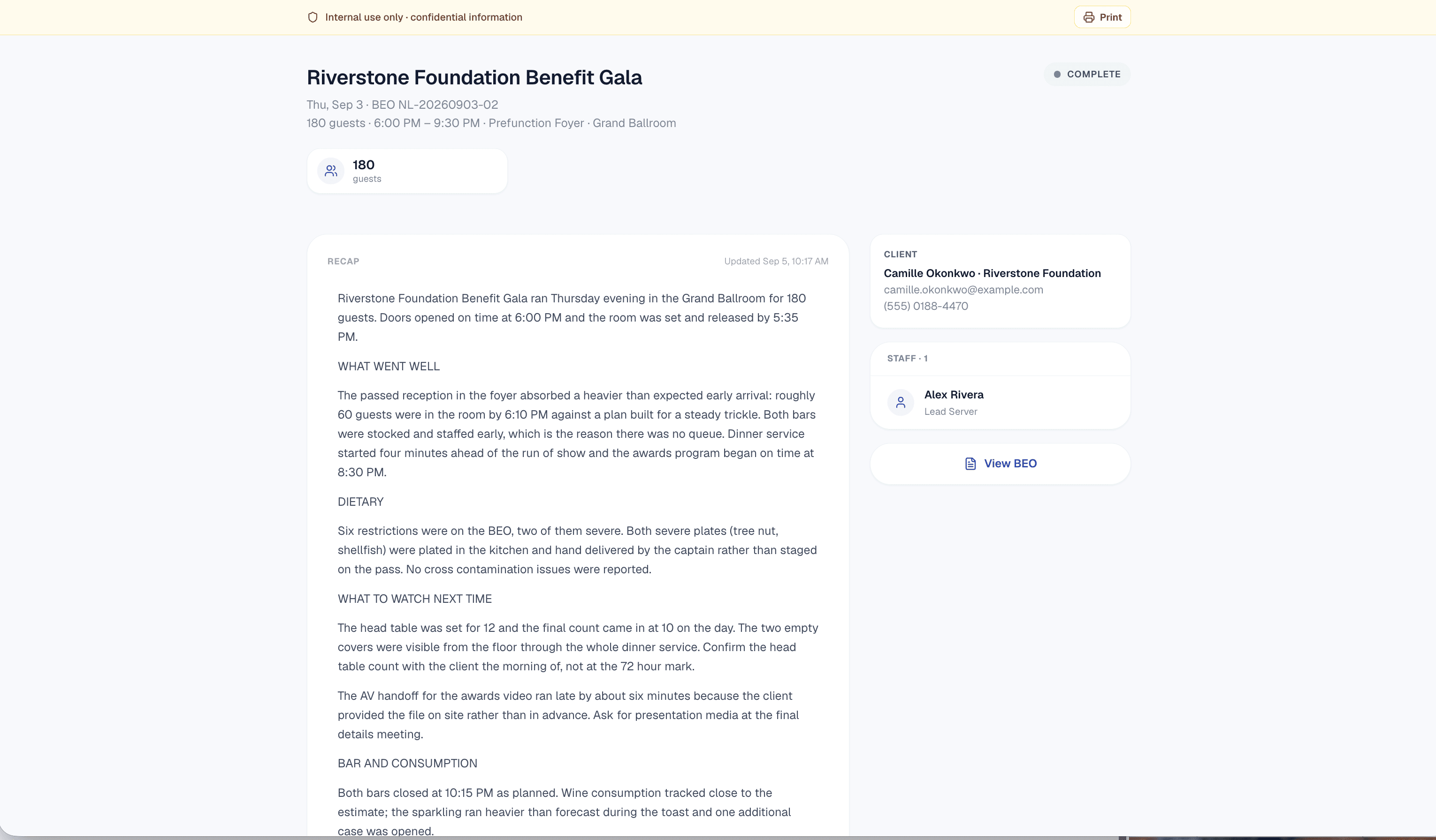 Completed internal recap for the Riverstone Foundation Benefit Gala: event summary, what went well, dietary handling, and lessons for next time.