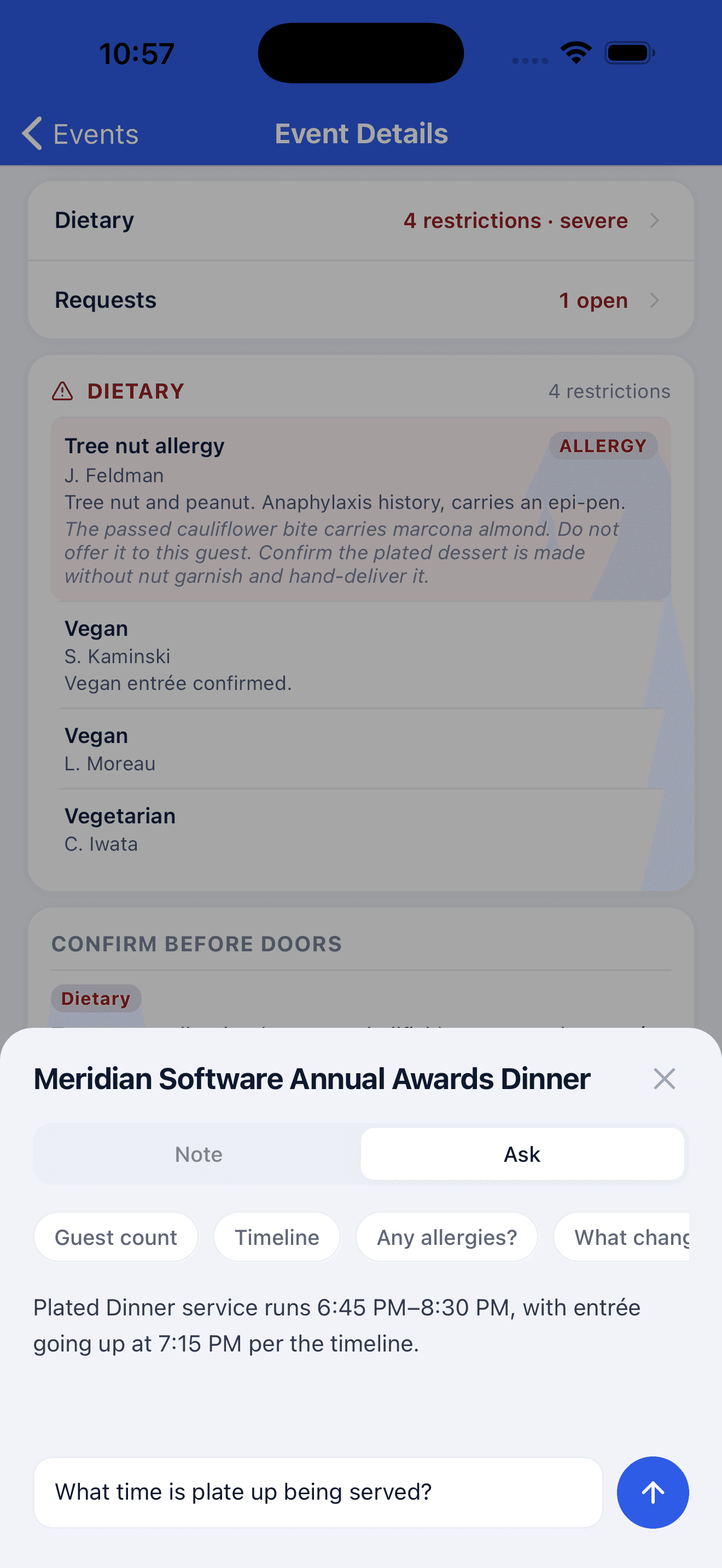 The mobile Ask panel answering a dinner timing question: plated dinner runs from 6:45 to 8:30 PM, with entrée service at 7:15 PM per the timeline.