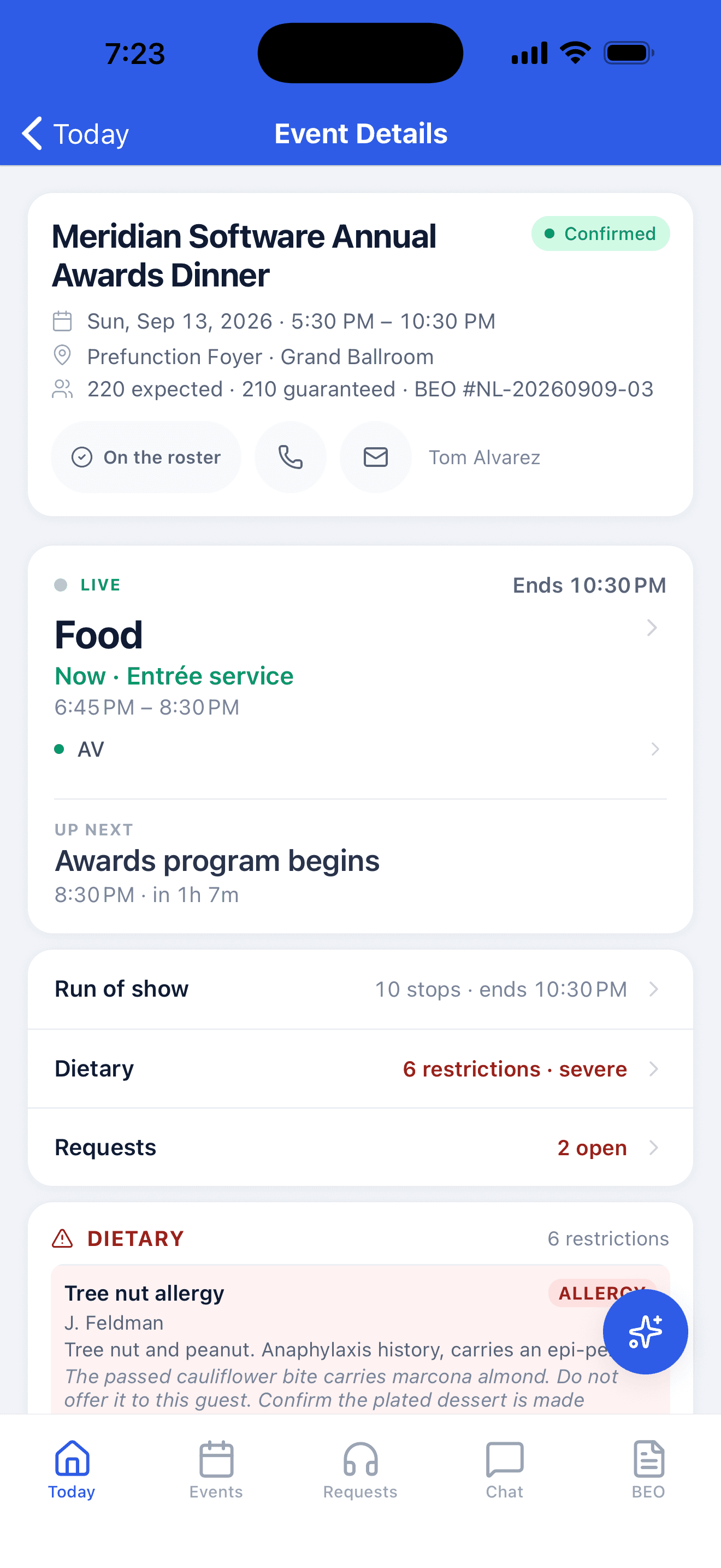 Mobile event details during service: entrée service is live, the awards program is up next, six dietary restrictions, and two open requests.