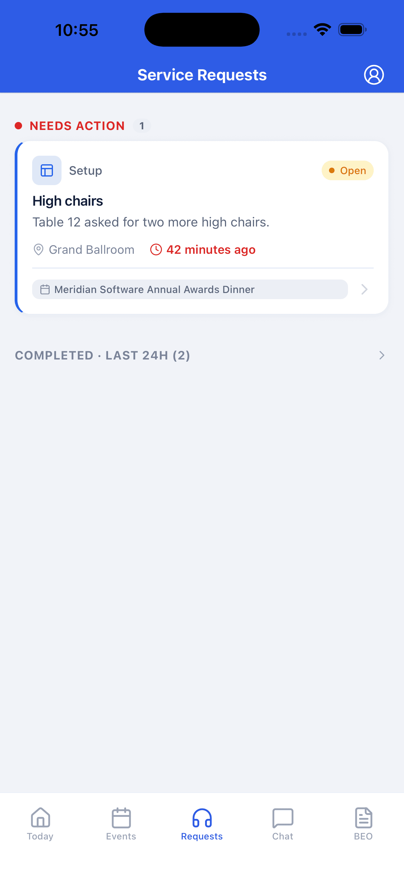 Mobile service requests screen showing an open high-chair request for Table 12 in the Grand Ballroom, with two completed requests collapsed below.