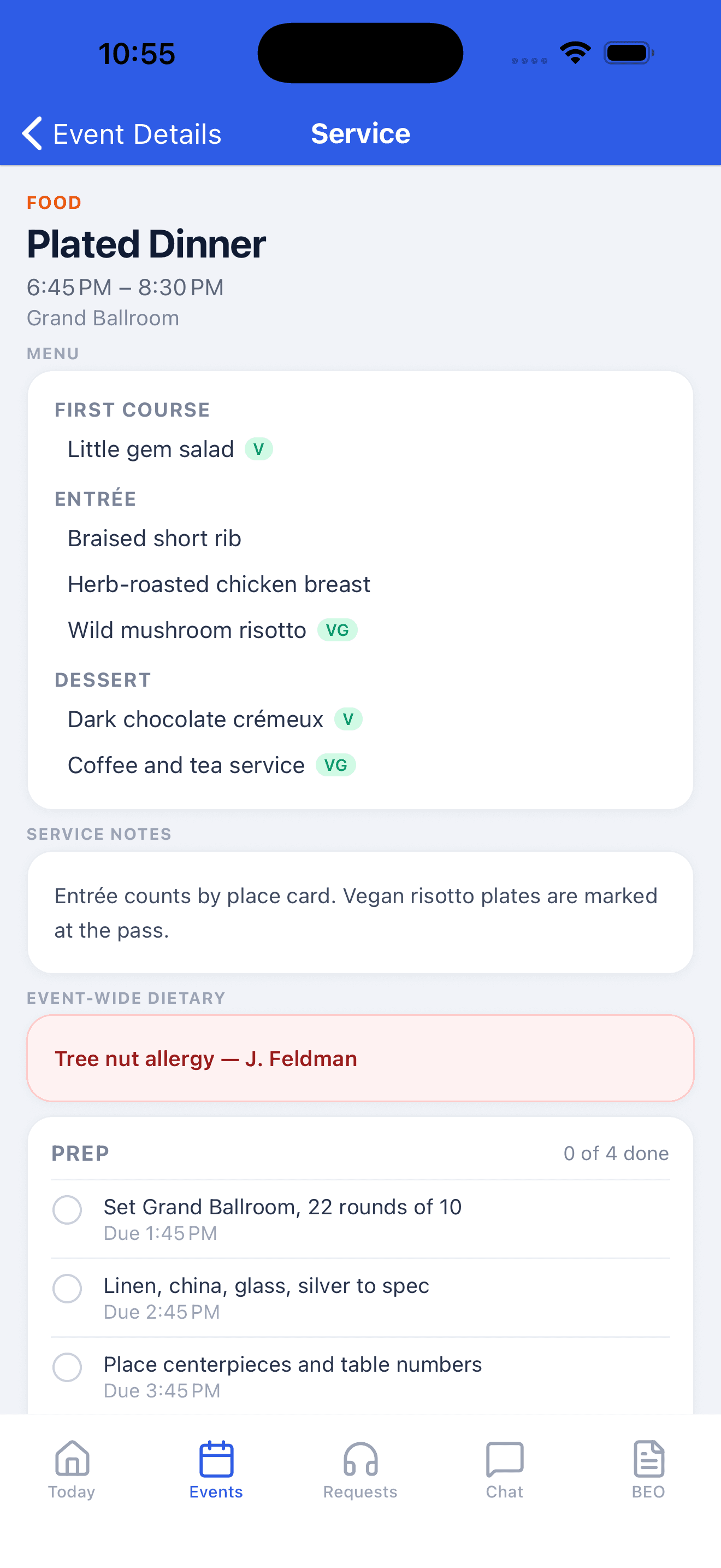 Plated dinner service in the mobile app showing the service window, courses, service notes, dietary alert, and prep tasks.