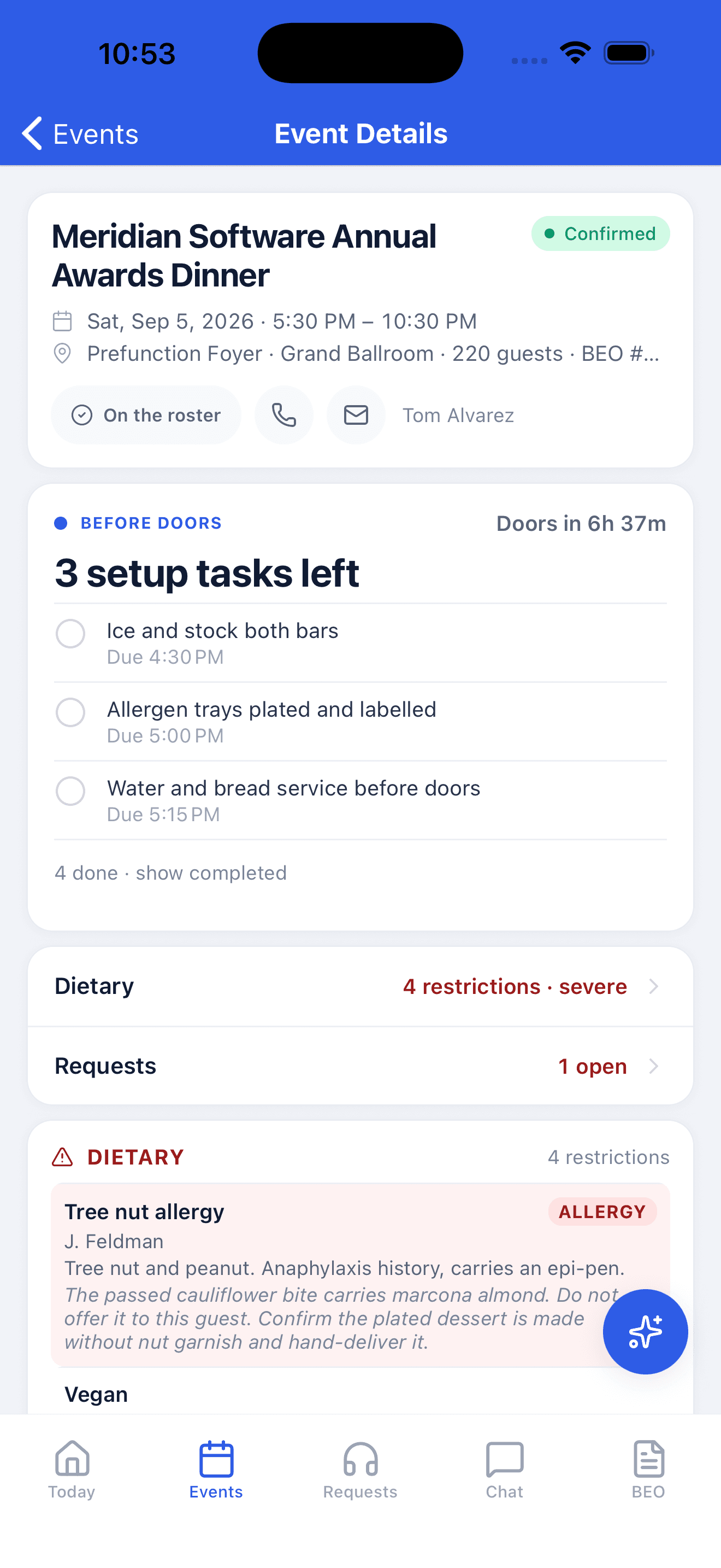Mobile event details before doors: three setup tasks left with due times, four dietary restrictions, one open request, and the tree nut allergy handling note.